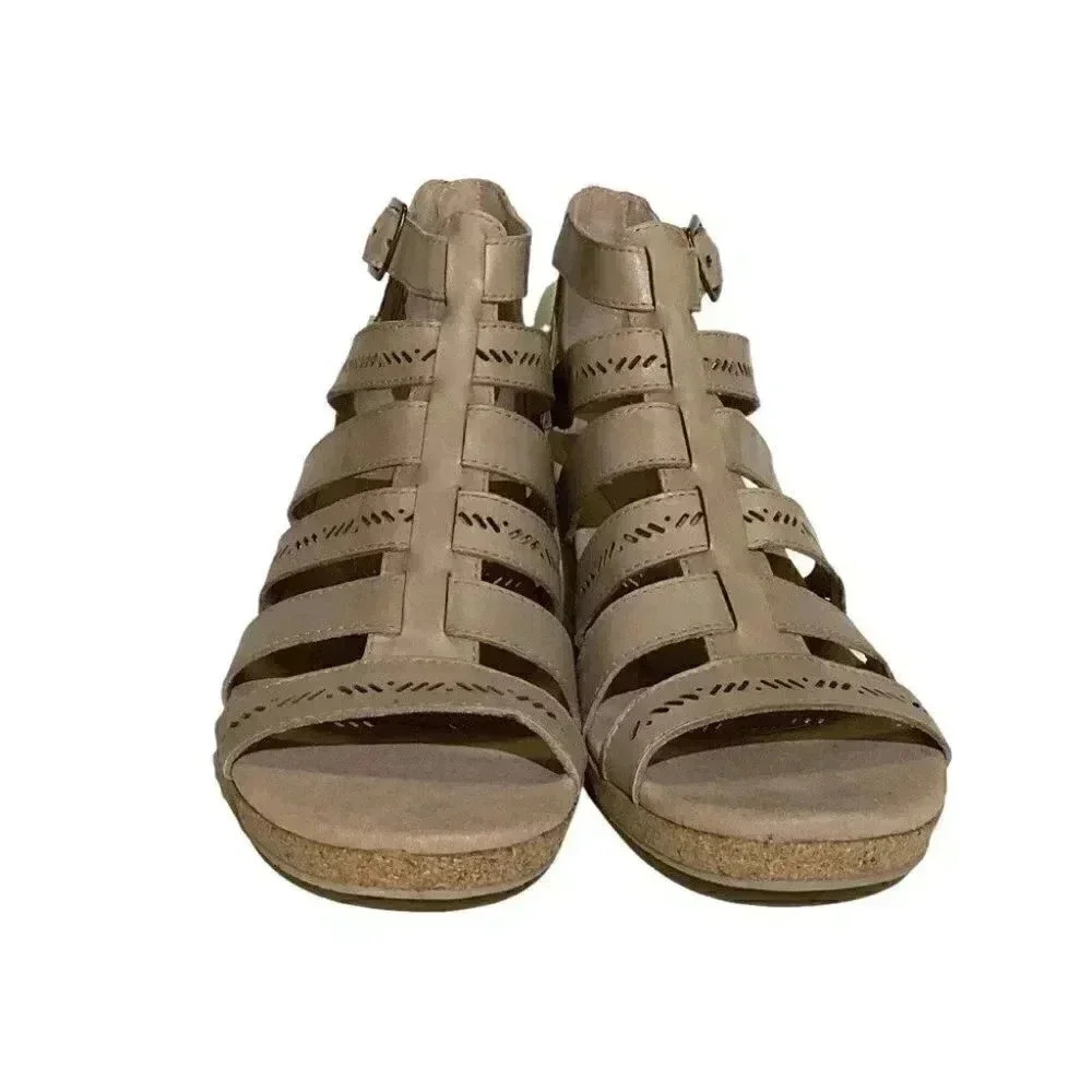 Earth Wedge Sandals Womens 7.5 38 Beige Woodland Sunny Strappy Leather NEW